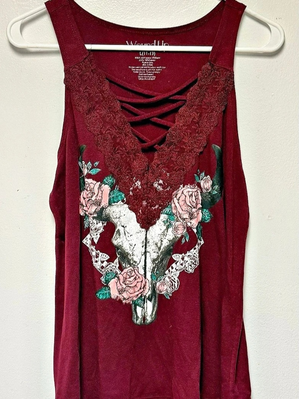 Wound Up LJ-13 Floral Lace Tank Top in Burgundy Size Large